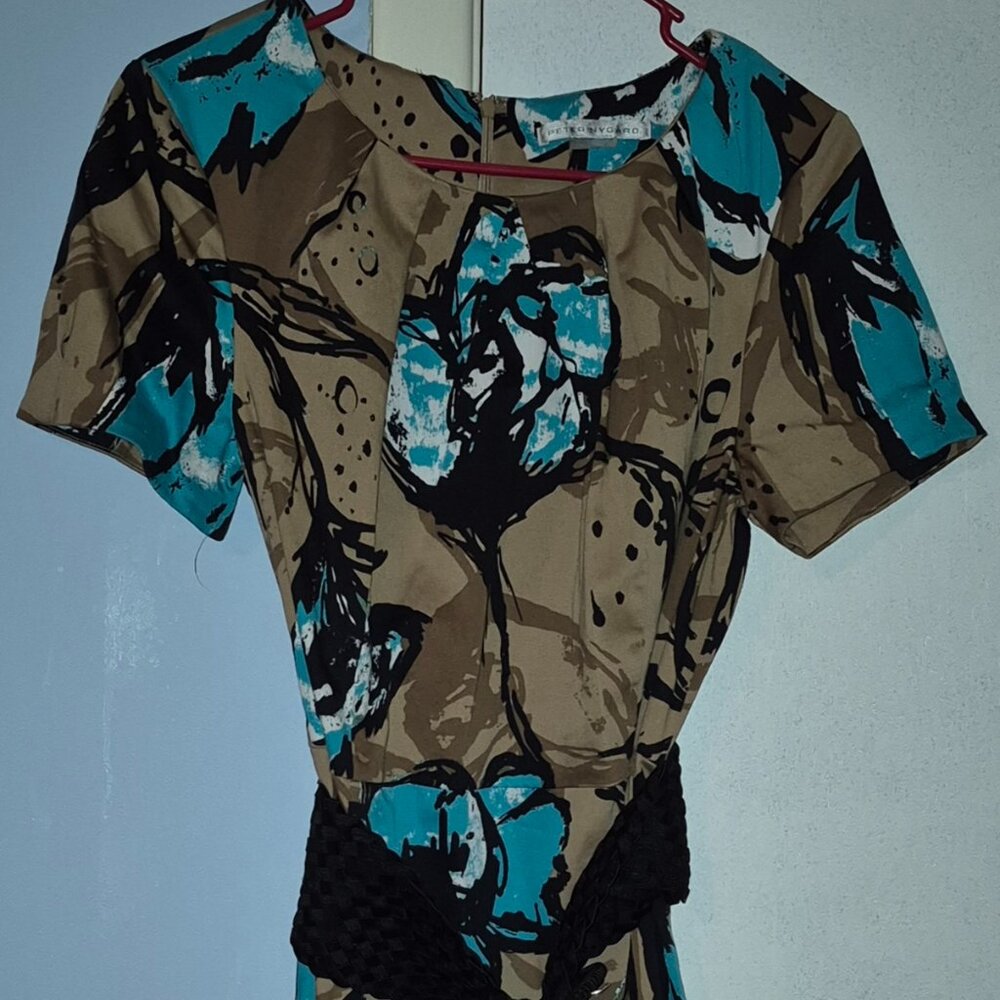Peter Nygard Knee Length Shift Dress w/Belt Tan Teal Floral Print Women's 12 NEW